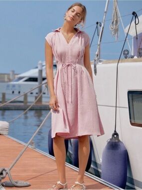 OGL Viscose-Linen Collared V-Neck Midi Dress with Drawstring